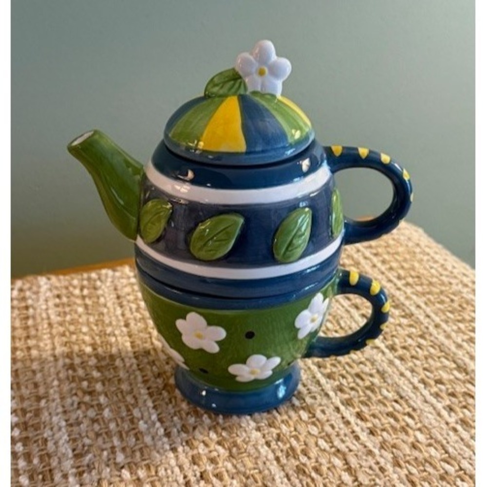 GANZ Bella Casa Floral Tea for One Set – 3-Piece Hand Painted Ceramic Teapot Cup